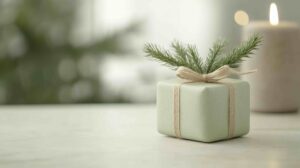 Gift box on table surrounded by greenery to depict a social media strategy for the holidays